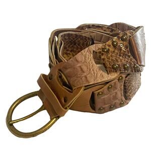 Leatherock Mixed Media Leather Statement Belt Womens Size S/M Tan Animal Print